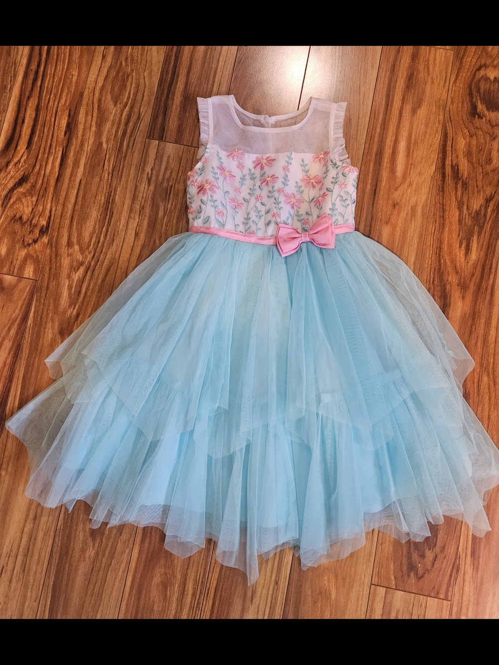 Jona Michelle Blue Tulle Dress with Pink Bow and Floral Bodice
